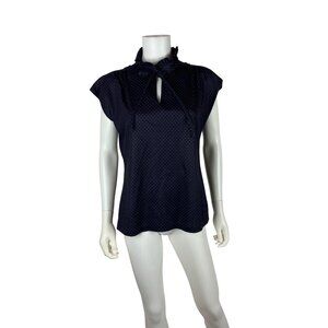 Vintage 70s Polka Dot Top Womens L Navy Ruffle Tie Keyhole Neckline Cap Sleeves